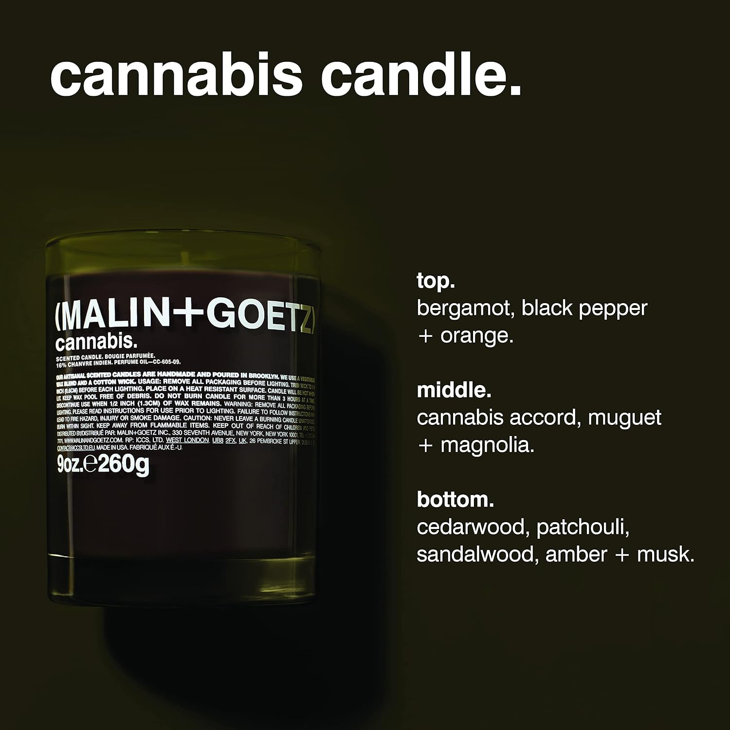 MALIN+GOETZ 9oz Scented Candle | Hand-Poured Soy Wax with Unique Fragrance Blends | Clean-Burning, Vegan & Cruelty-Free | Bergamot, Sage, Otto, Tomato, Strawberry, Cannabis, Dark Rum & Leather