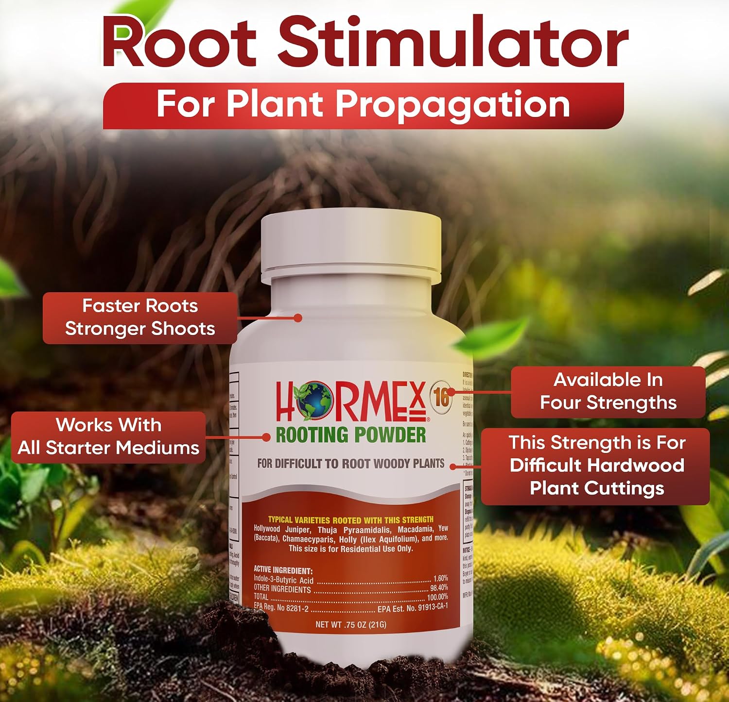 Hormex Rooting Hormone for Cuttings #16 - Max-Strength Powder (1.60% IBA) | Maximum Strength Rooting Hormone, Root Stimulator for Plants, Rooting Powder Compound for Difficult Hardwood Plants & Trees