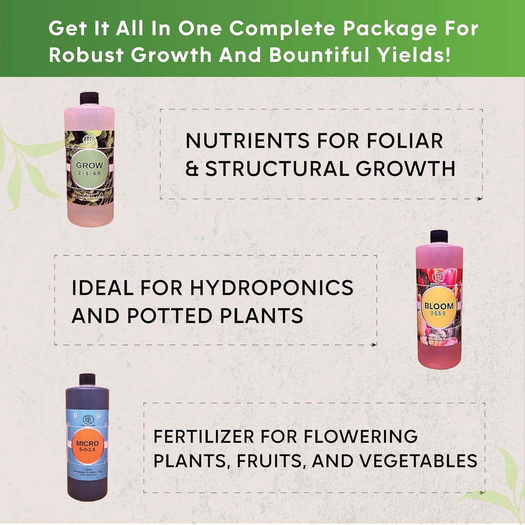 Hydroponic Nutrient Kit – Grow, Bloom, Micro Plant Food for Growing Vegetables Fruits Flowers Herbs for Indoor & Outdoor Soil | Ideal for Hydroponics and Potted Plants