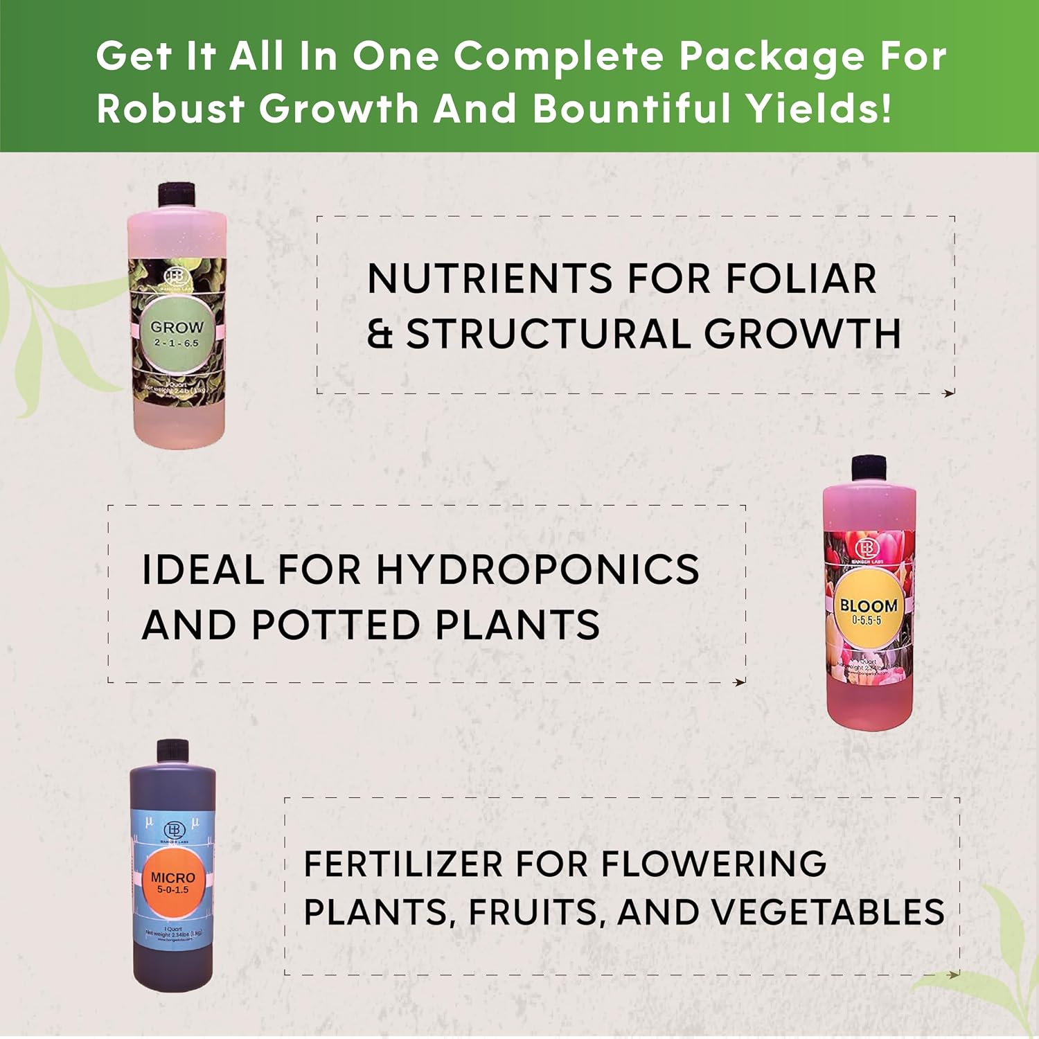 Hydroponic Nutrient Kit – Grow, Bloom, Micro Plant Food for Growing Vegetables Fruits Flowers Herbs for Indoor & Outdoor Soil | Ideal for Hydroponics and Potted Plants