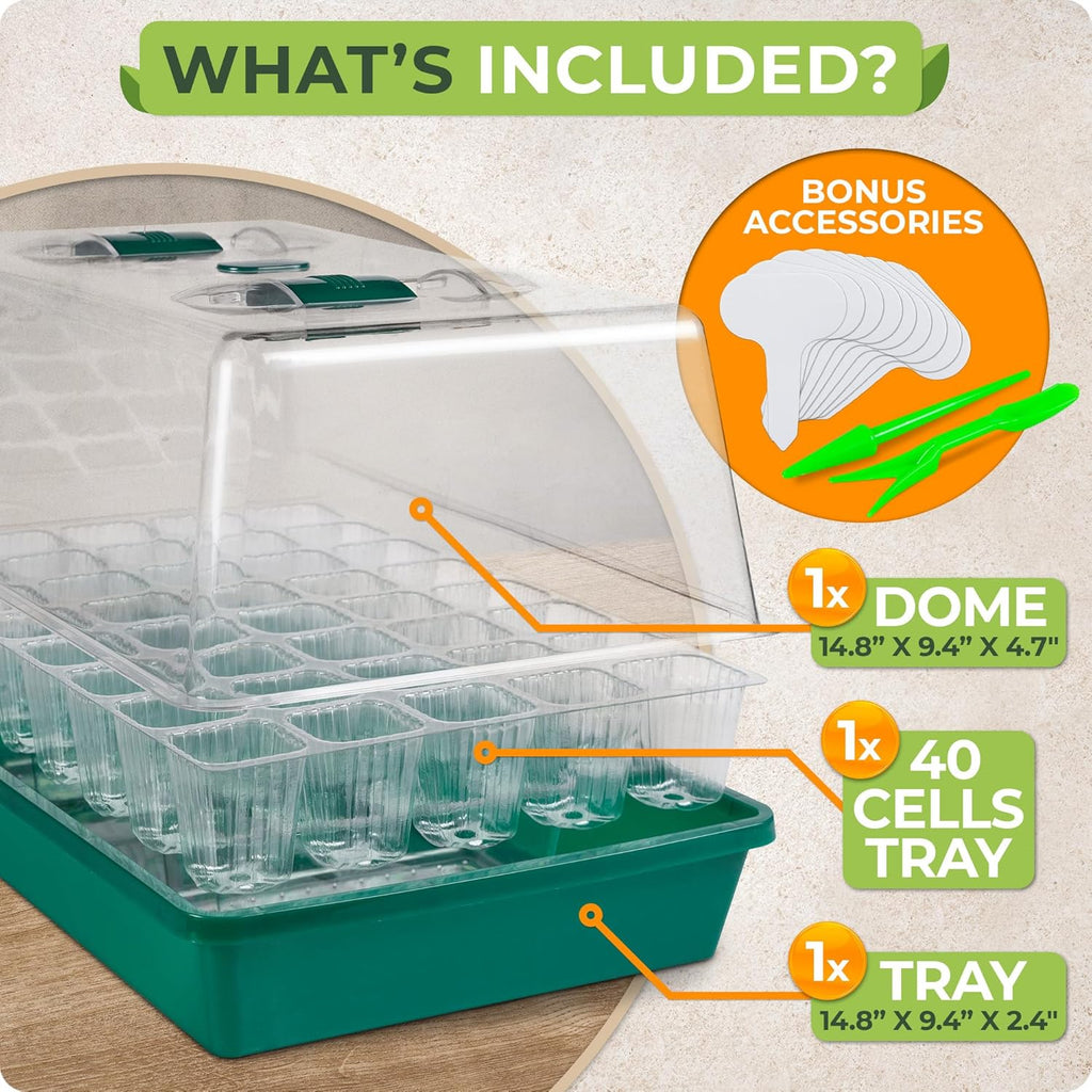 Seed Starter Tray with Grow Lights and Heating Mat - 40 Cell Plant Germination Tray with 4.7" Humidity Dome Seed Starter Kit for Indoor Seed Starting and Propagation