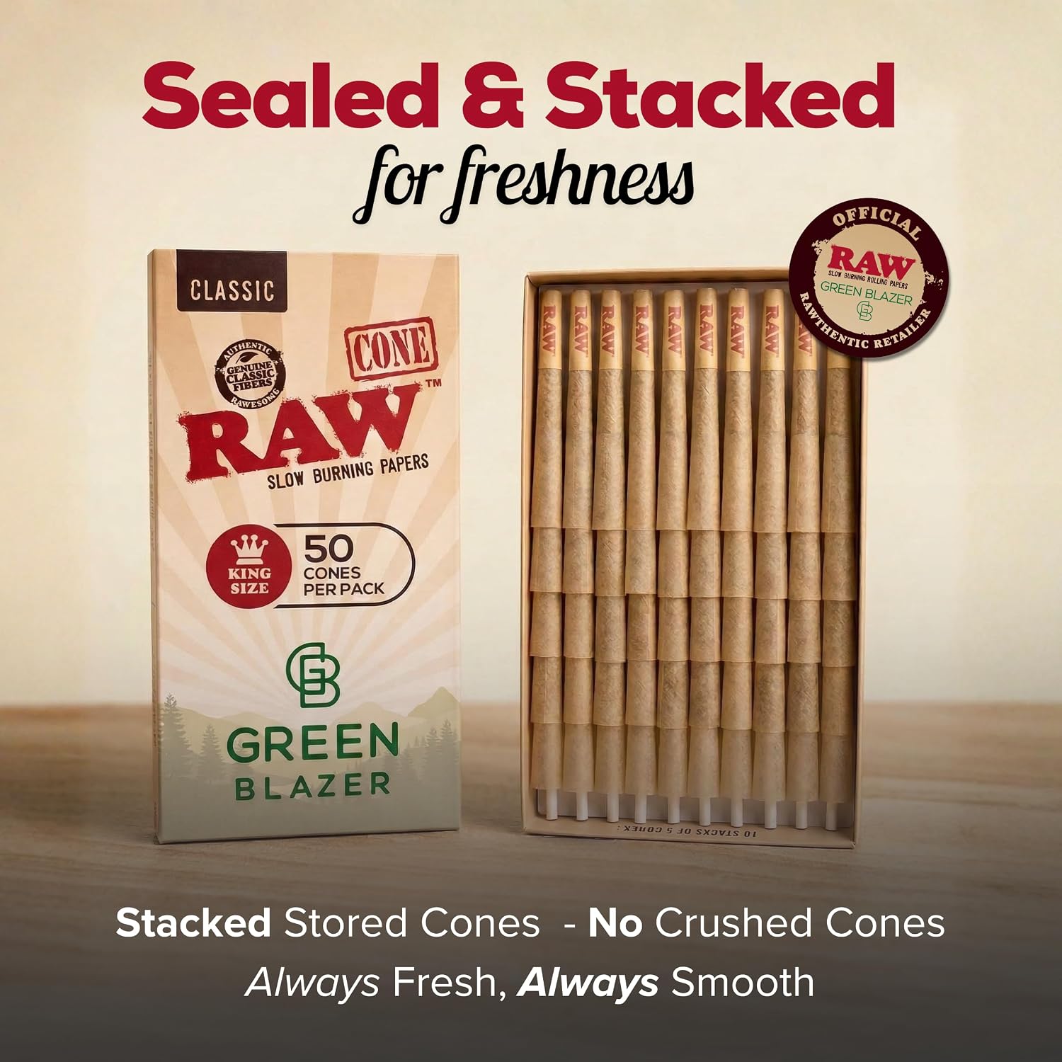 RAW Cones Classic King: 50 Pack, Pre Rolled Cones Rolling Papers, 109 mm | Food Grade Container, Green Blazer Preroll Loader, Patented Slow Burn, All Natural RAWthentic, Rolling Papers & With Tips