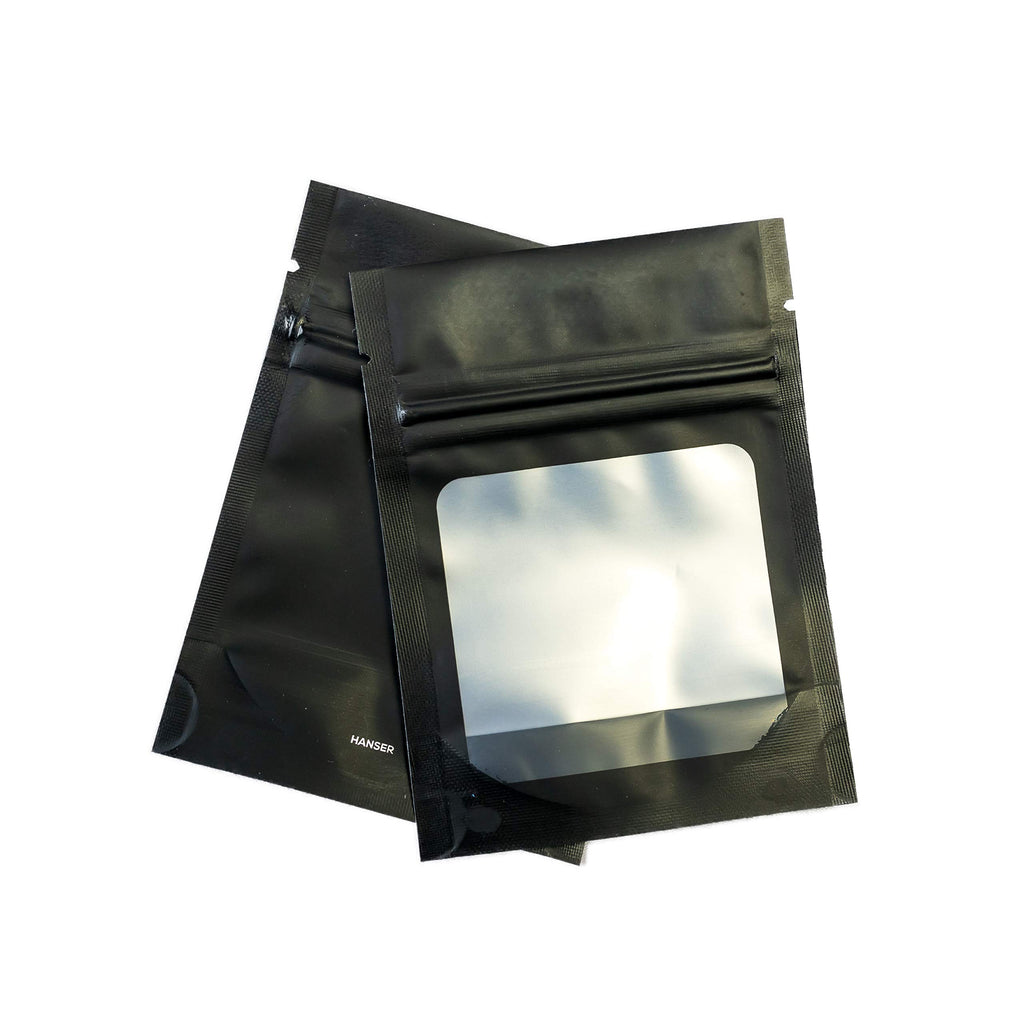 HANSER | Smell Proof Odorless Mylar Resealable Foil Pouch Bags with clear Window | Stand up bottom | Airtight | matte black | 100 Pieces | 4x6 inches