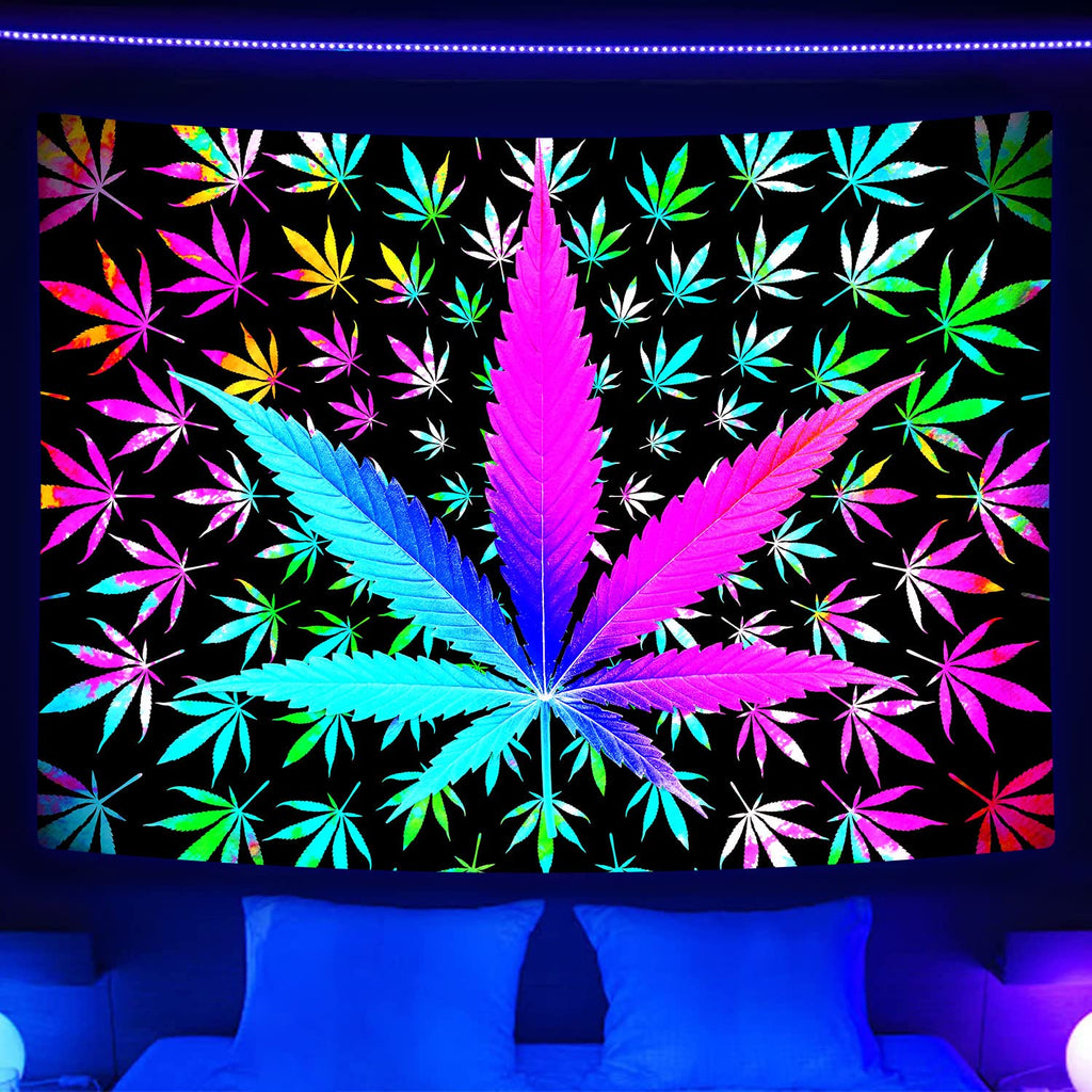 VEIGIKE Cool Trippy Weed Tapestry, Neon Tie Dye Marijuana Leaf Cannabis Art Tapestry Wall Hanging for Men Bedroom, Colourful Blacklight Tapestries Poster Blanket College Dorm Home Decor (90X70)