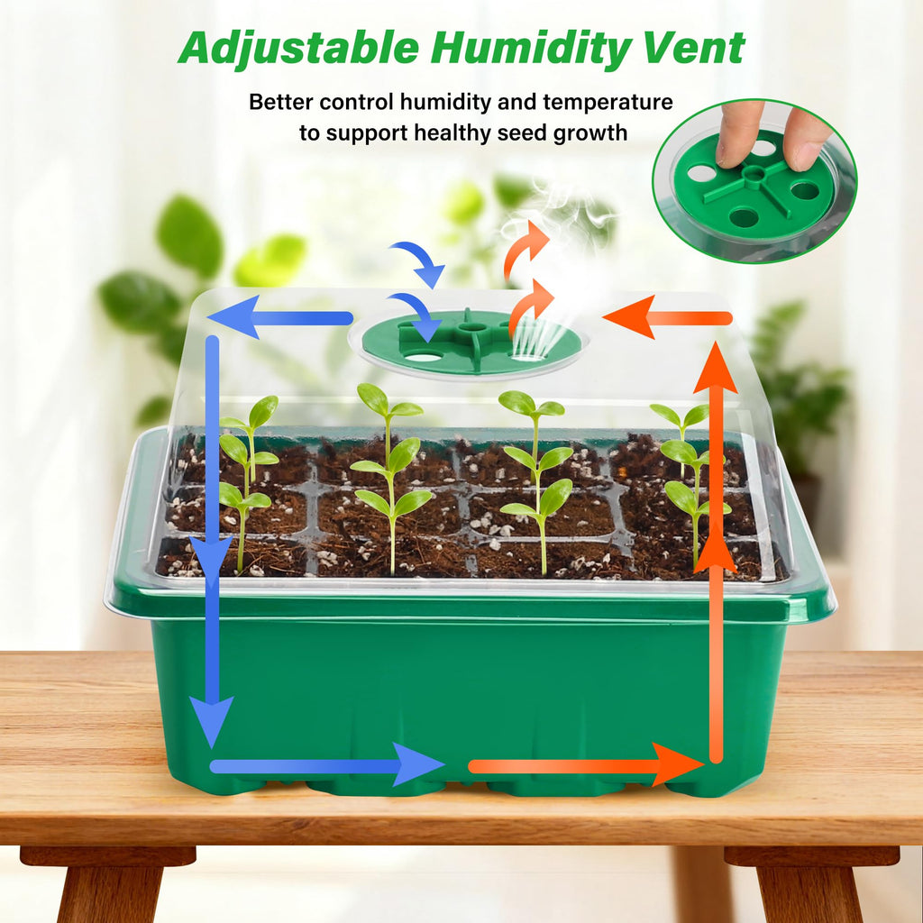 10-Pack Seed Starter Trays, Tall Dome, Base, 12-Cell Tray, Clear | 10 Seedling Kits with Tall Domes for Large Seed Starting. Adjustable Vents, Clear Trays & Heat Mat Compatibility, Indoor Use