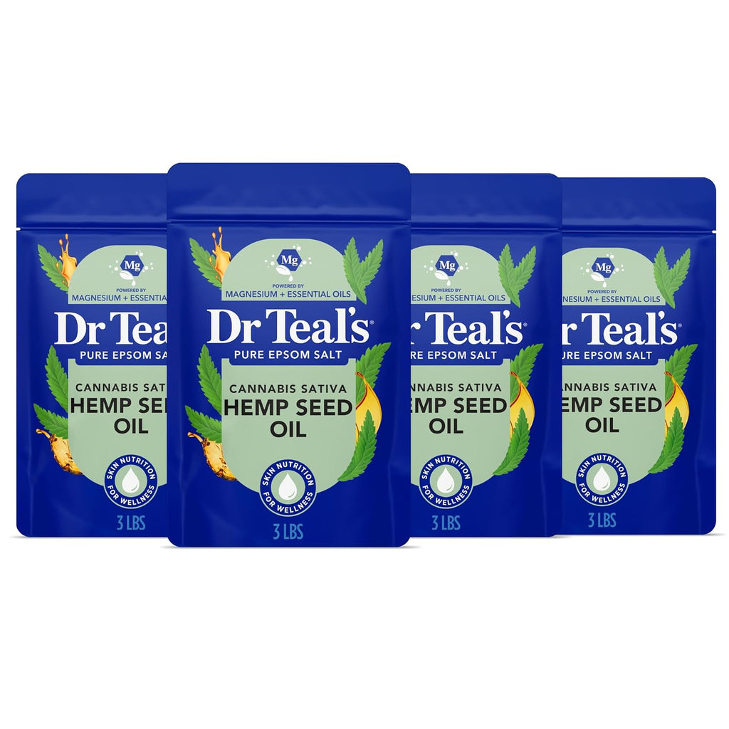 Dr Teal's Pure Epsom Salt, Cannabis Sativa Hemp Seed Oil, 3 lb (Pack of 4)