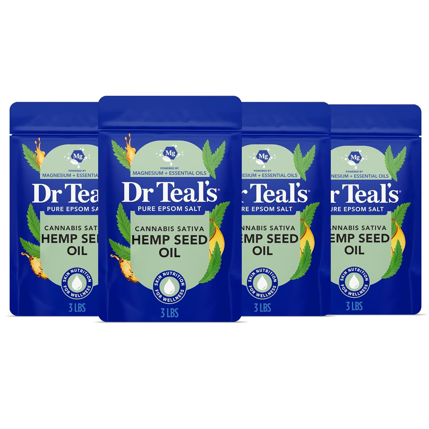Dr Teal's Pure Epsom Salt, Cannabis Sativa Hemp Seed Oil, 3 lb (Pack of 4)