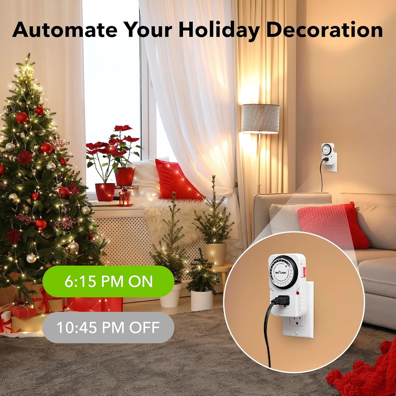 BN-LINK 24-Hour Heavy Duty Mechanical Timer Outlet,Indicator Light, 3-Prong | 15-min intervals; Indoor Plug-in Timer for Christmas Decoration, Aquarium, Grow Light, Home Appliances, ETL,1875W/15A,1-Pack