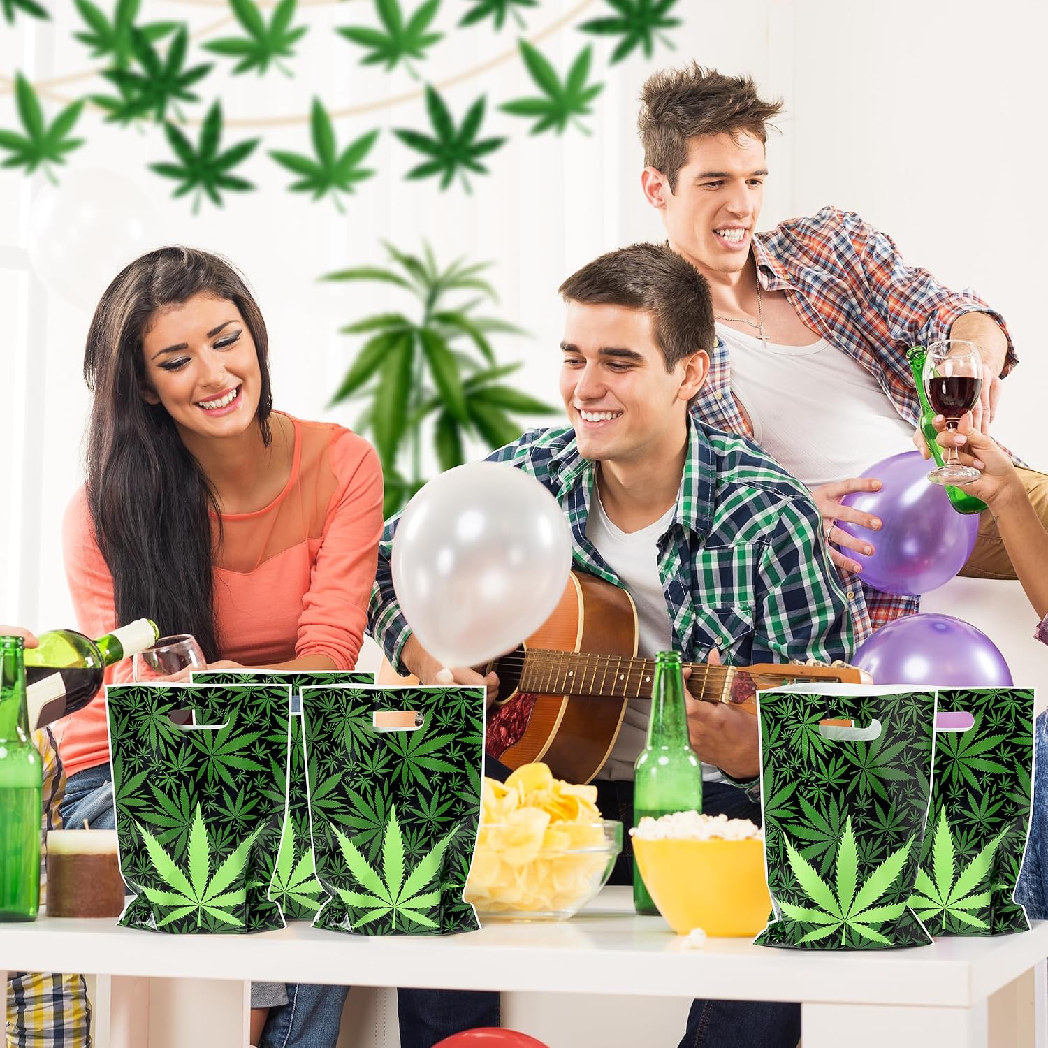 Selorin 50Pcs Weed Party Favor Bags Green Pot Leaves Smoking Marijuana Plastic Goodie Treat Bags with Handles Happy 420 Cannabis Have a Dope Candy Gift Bag Birthday Party Supplies for Adult Stoner