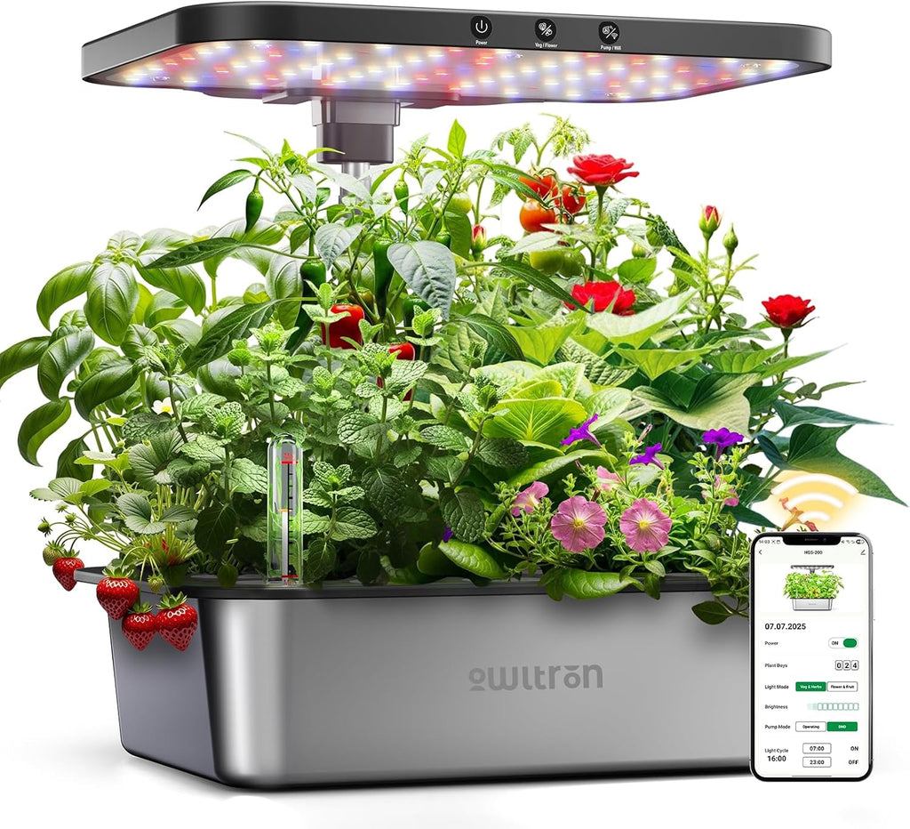 owltron Smart Hydroponics Growing System Kit,15 Pods Indoor Herb Garden with 36W LED Grow Light & APP Control, Planting Height Up to 30", Quiet Water Pump, Ideal Gift for All Ages Dark Silver