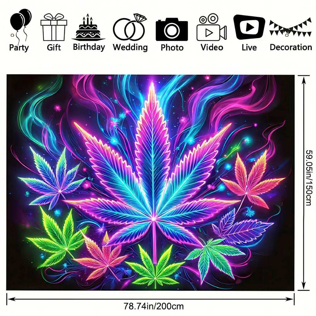 BlissYard Blacklight Tapestry Cannabis Leaf Bedroom Decor 78 x 59 Inch | Cannabis Leaf UV Wall Hanging Smoking Neon Backdrop for Bedroom Party Dorm Style