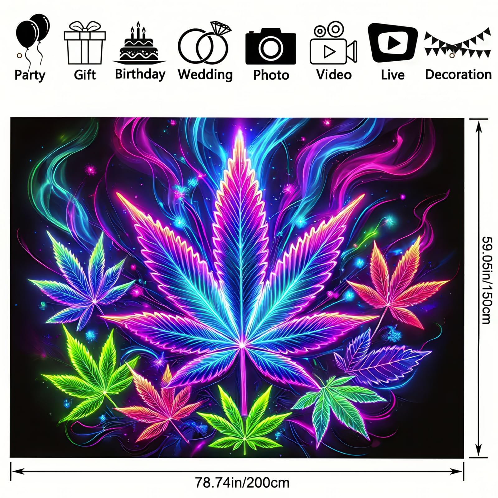 BlissYard Blacklight Tapestry Cannabis Leaf Bedroom Decor 78 x 59 Inch | Cannabis Leaf UV Wall Hanging Smoking Neon Backdrop for Bedroom Party Dorm Style