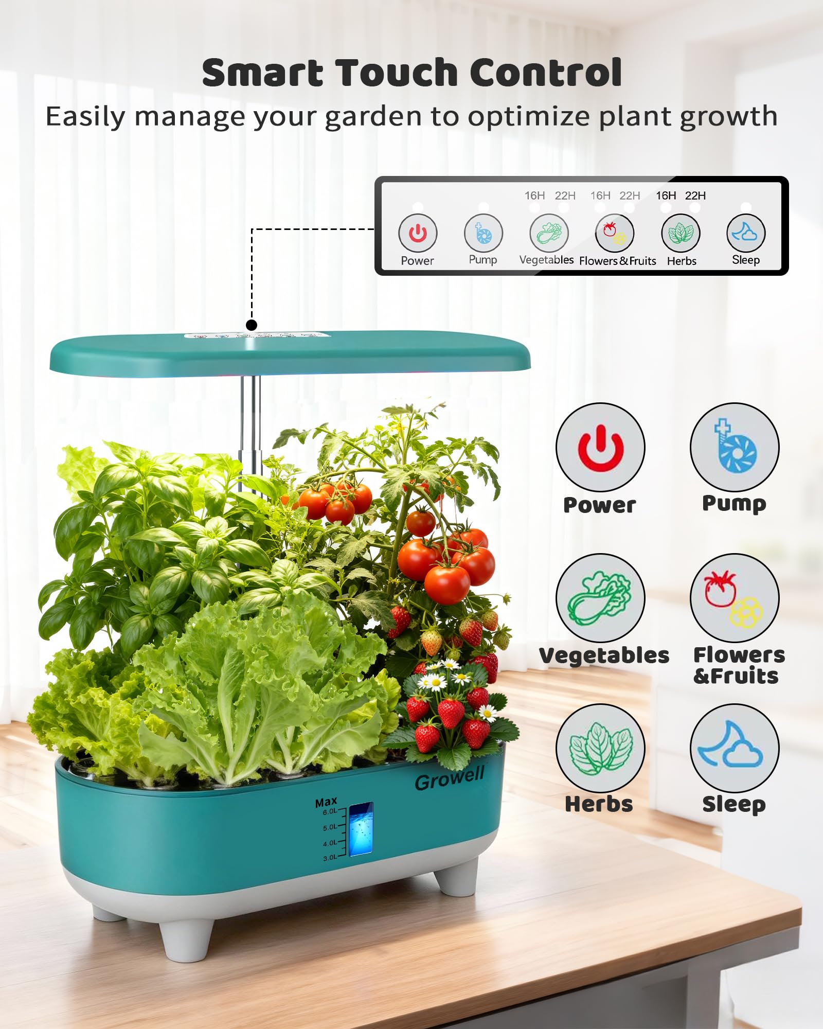 Growell 16 Pods Hydroponics Growing System Kit with 3 Light Modes & 2 Timer | Smart Water Circulation, LED Grow Light, 8L Large Water Tank, Coutertop, Indoor Herb Garden, Perfect Gardening Gifts, Black