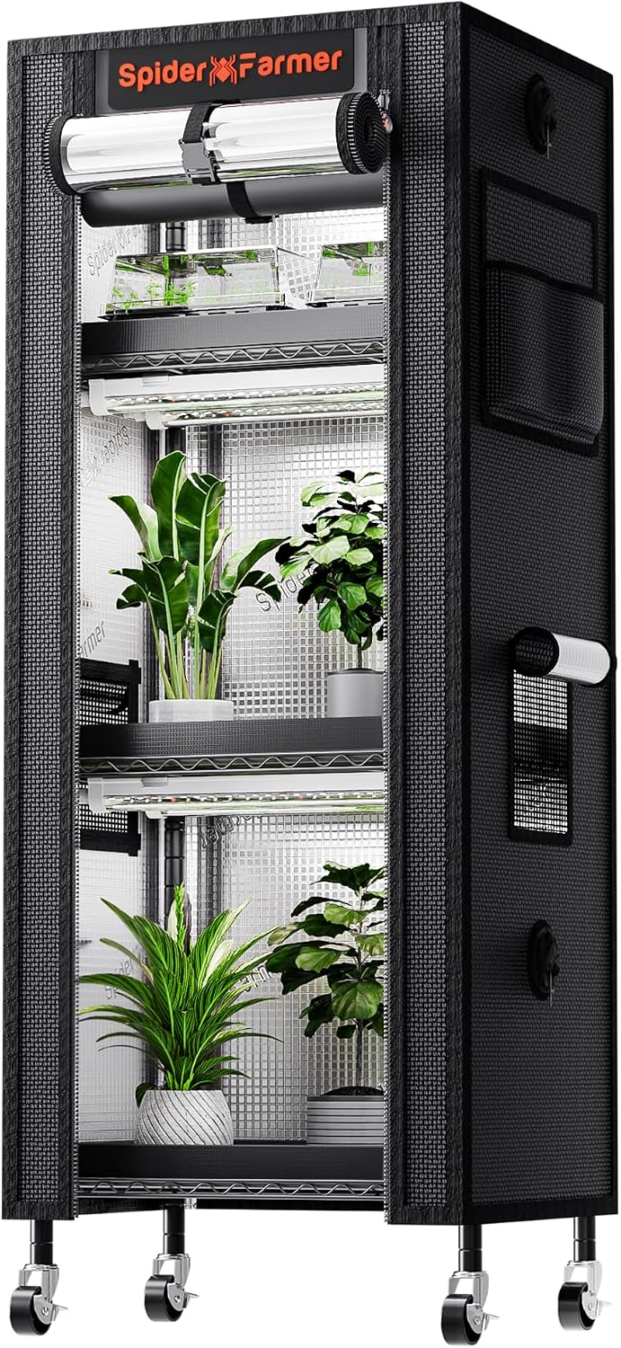 Spider Farmer 4 Tier Mini Greenhouse Plant Shelf with Grow Lights Indoor | 60W Full Spectrum LED Grow Lights, Grow Tent Cover with Visual Curtain and Blackout Curtain, Waterproof Trays, Movable Wheels