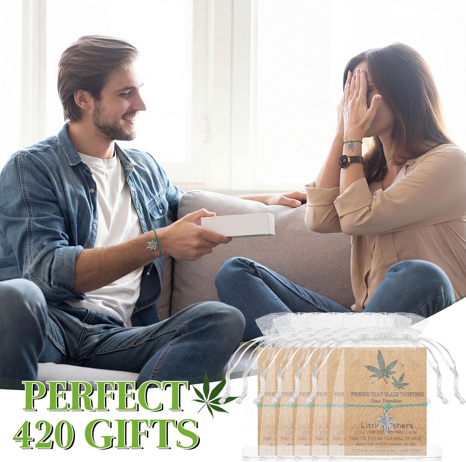 Equsion 12 Sets 420 Weed Gift Weed Bracelets with 12 Card 12 Organza Bags Leaf Pendant Bracelets 420 Party Favors for Women Men Jamaica Favors for Adults Party Accessories