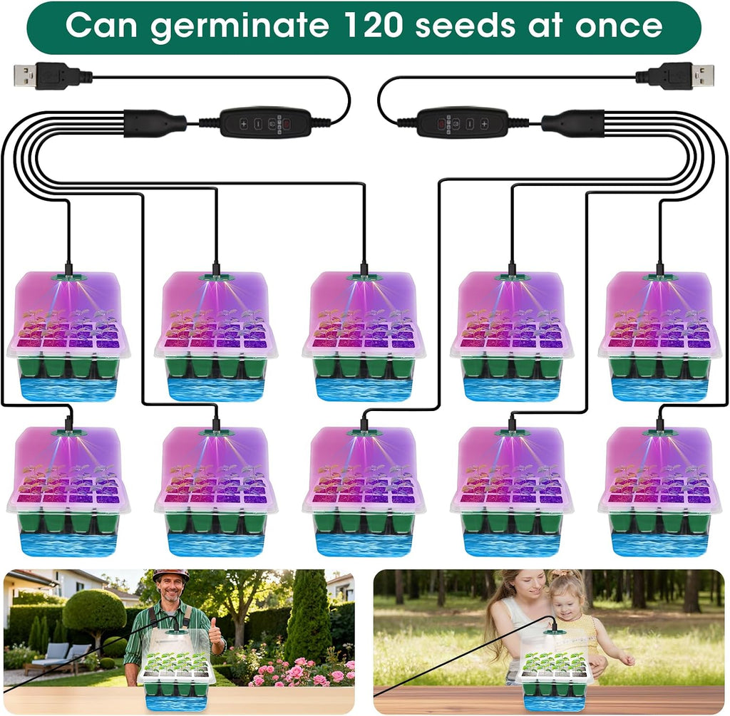 10-Pack Self Watering Seed Starter Tray with Grow Light 120Cell | Smart Timer, Humidity Dome, Ideal For Indoor Plant Germination, Seedling Growing, and Seed Starting Kit