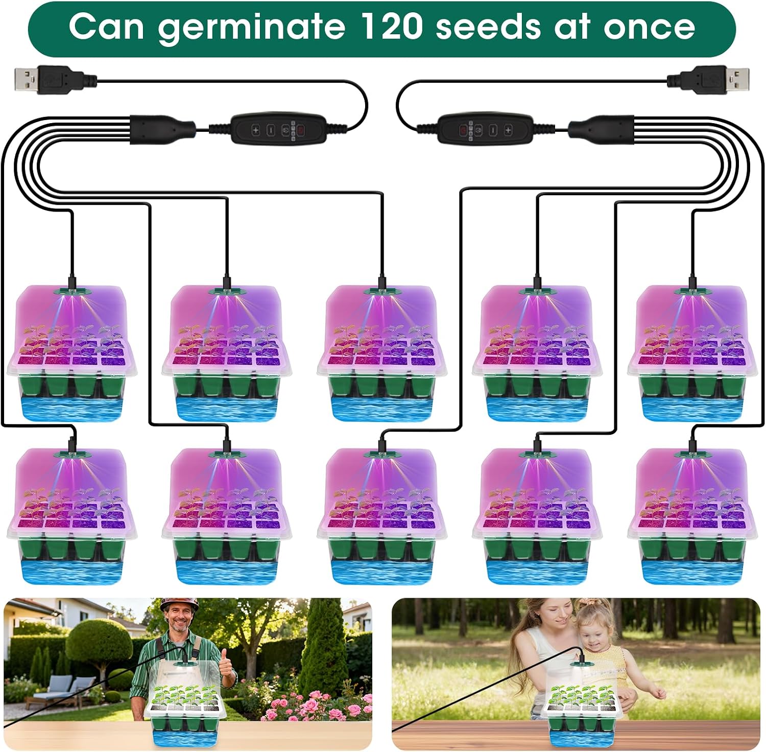 10-Pack Self Watering Seed Starter Tray with Grow Light 120Cell | Smart Timer, Humidity Dome, Ideal For Indoor Plant Germination, Seedling Growing, and Seed Starting Kit