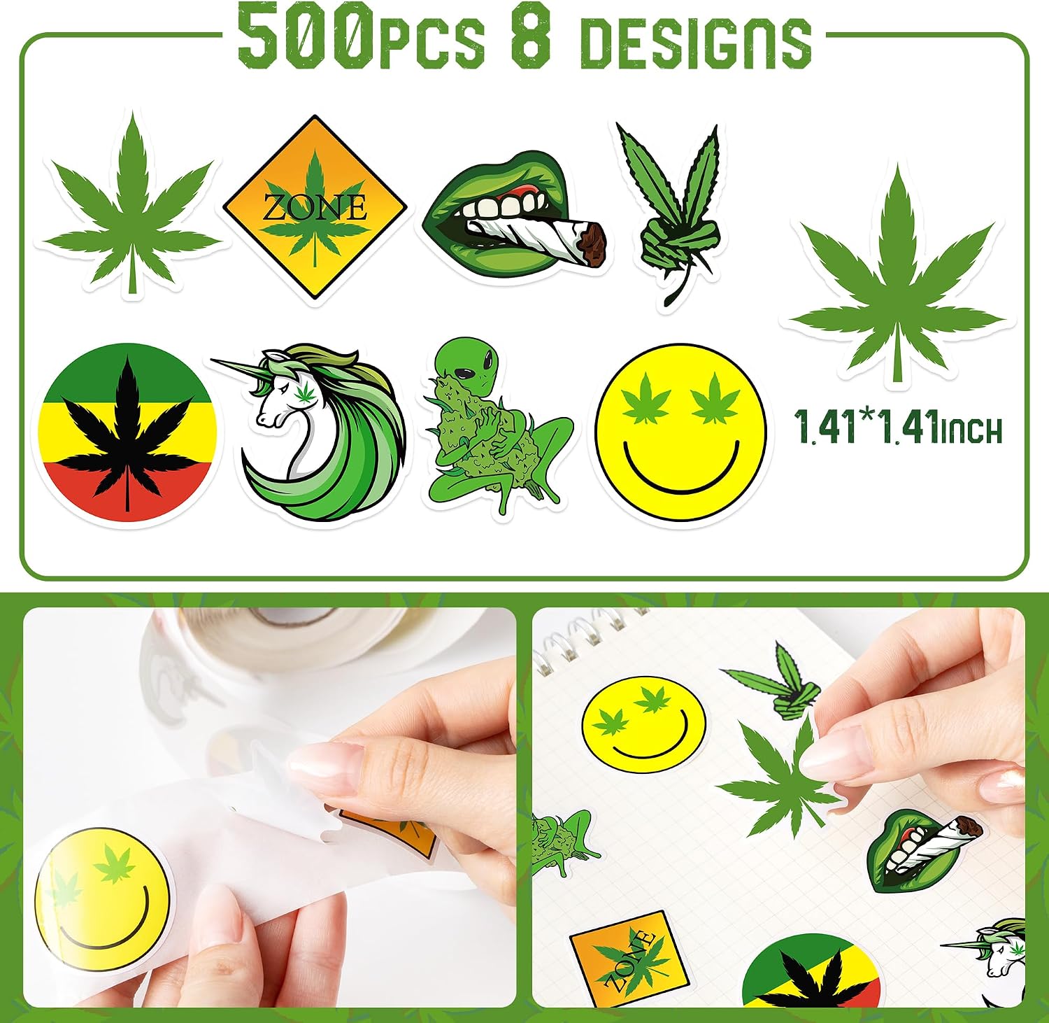 500Pcs Weed Marijuana Stickers Roll for Adult Cannabis Green Leaf Decals Decorations Trippy Smoking Have a Dope Birthday Party Favors Merch Gifts for 420 Stoners Laptop Water Bottles Journaling Decor