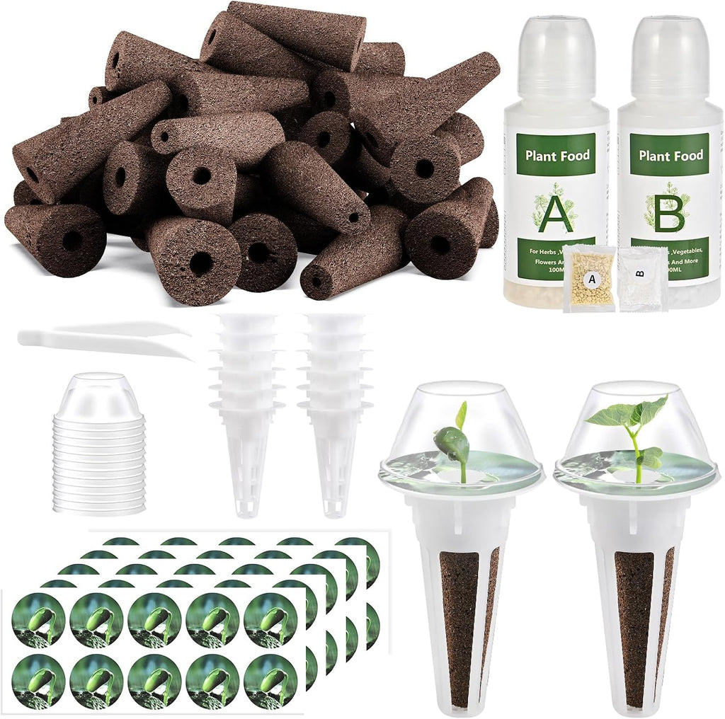 Tigvio 126 Piece Hydroponic Pods Kit | Grow Anything with 30 Grow Sponges, 30 Baskets, 30 Domes, 30 Labels, 4 A&B Plant Food, 1 Tweezer