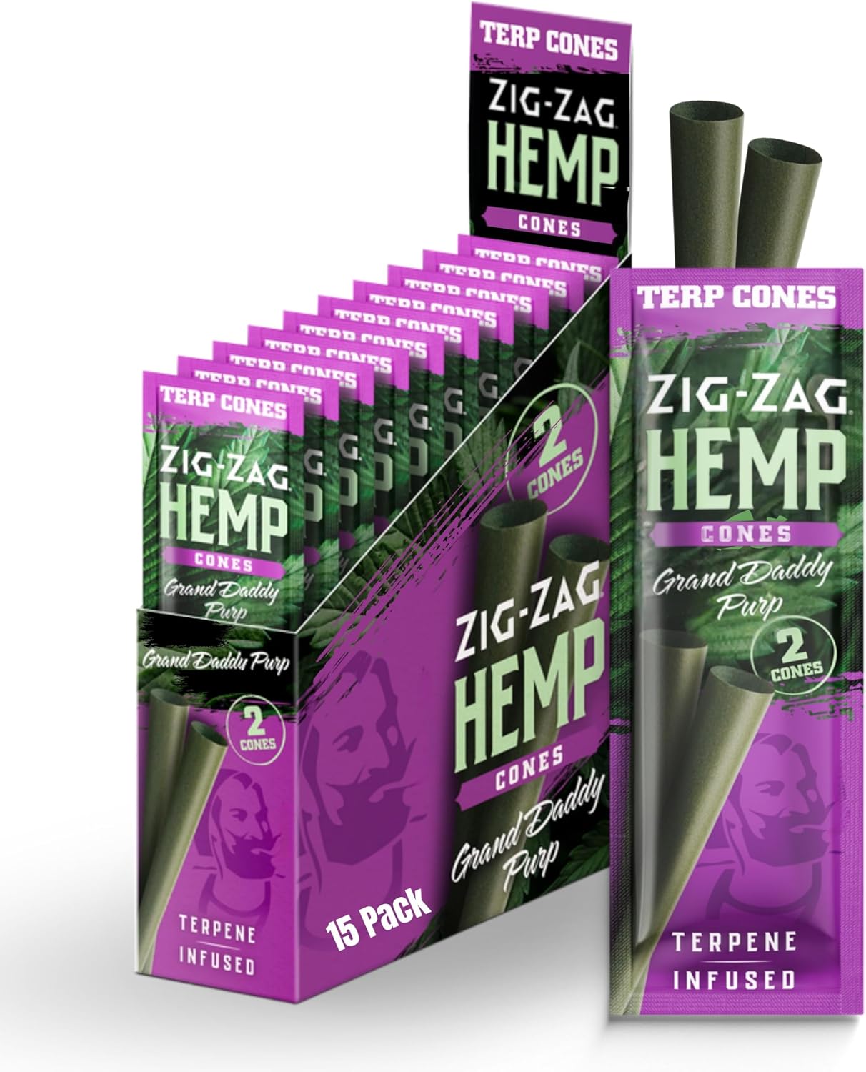 ZIG-ZAG Natural Infused Hemp Cones - Grand Daddy Purp - Pre Rolled - 15 Packs (2 Cones/Pack) - Convenient & Consistent - Prerolled