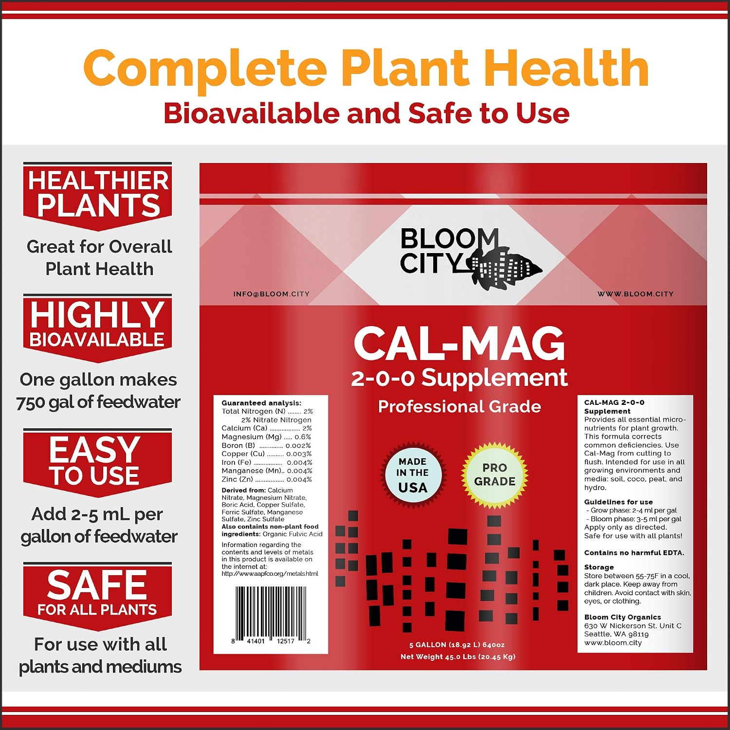 Bloom City Professional Grade Ultra Pure Cal-Mag Fertilizer, (32 oz) | Helps Reduce Blossom End Rot, Corrects Deficiencies, Boost Calcium Uptake, Made for Hydro & Soil, Supports Tomatoes & Peppers