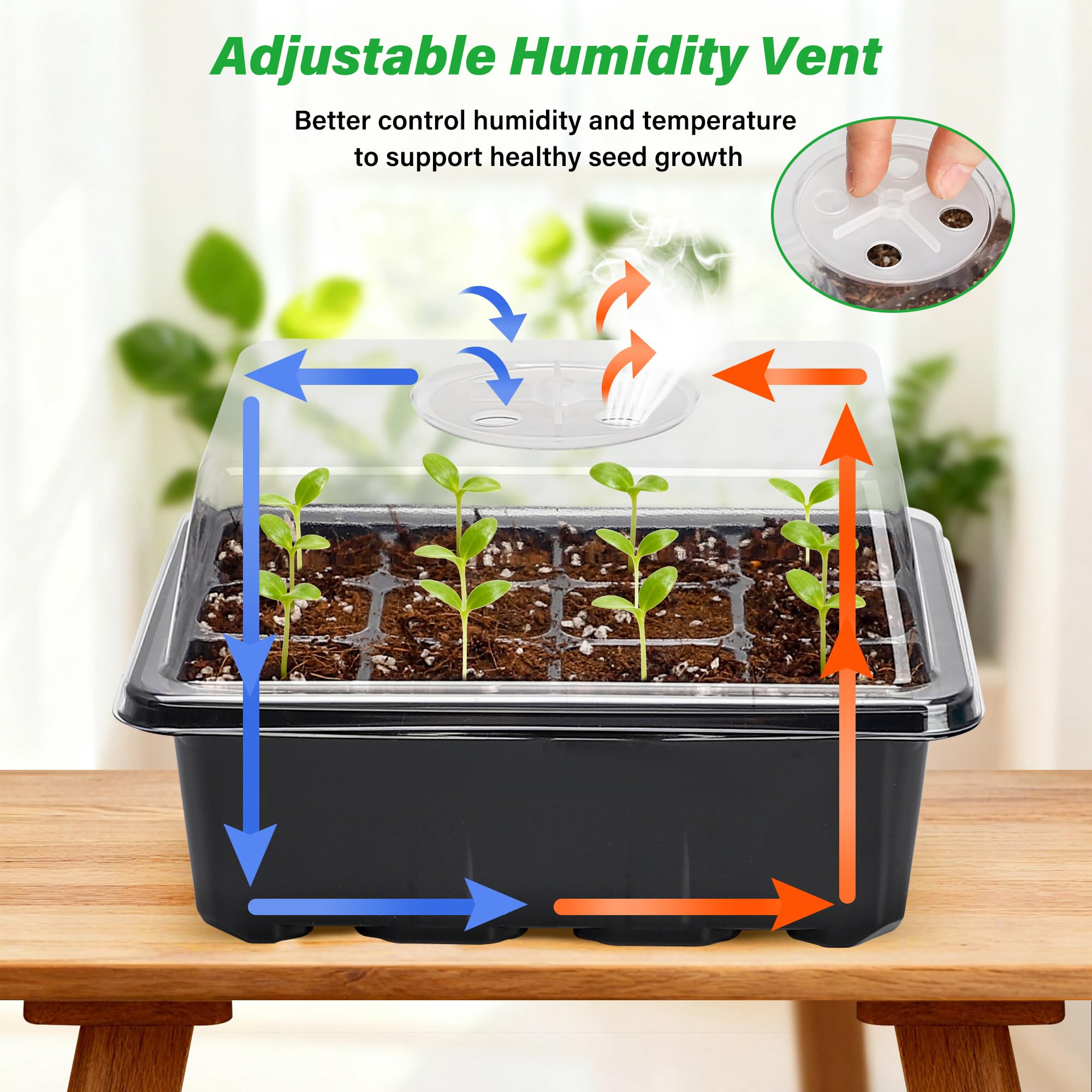 10-Pack Seed Starter Trays, Tall Dome, Base, 12-Cell Tray, Clear | 10 Seedling Kits with Tall Domes for Large Seed Starting. Adjustable Vents, Clear Trays & Heat Mat Compatibility, Indoor Use