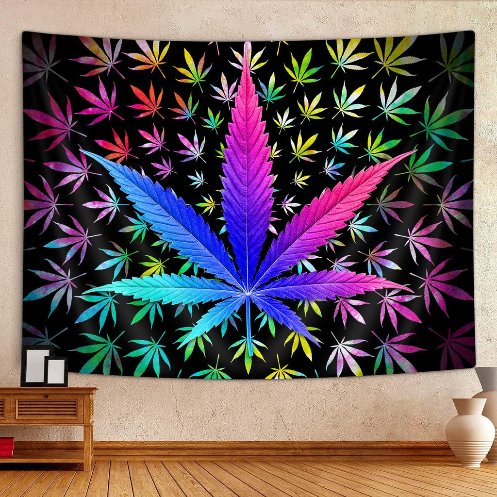 VEIGIKE Cool Trippy Weed Tapestry, Neon Tie Dye Marijuana Leaf Cannabis Art Tapestry Wall Hanging for Men Bedroom, Colourful Blacklight Tapestries Poster Blanket College Dorm Home Decor (90X70)