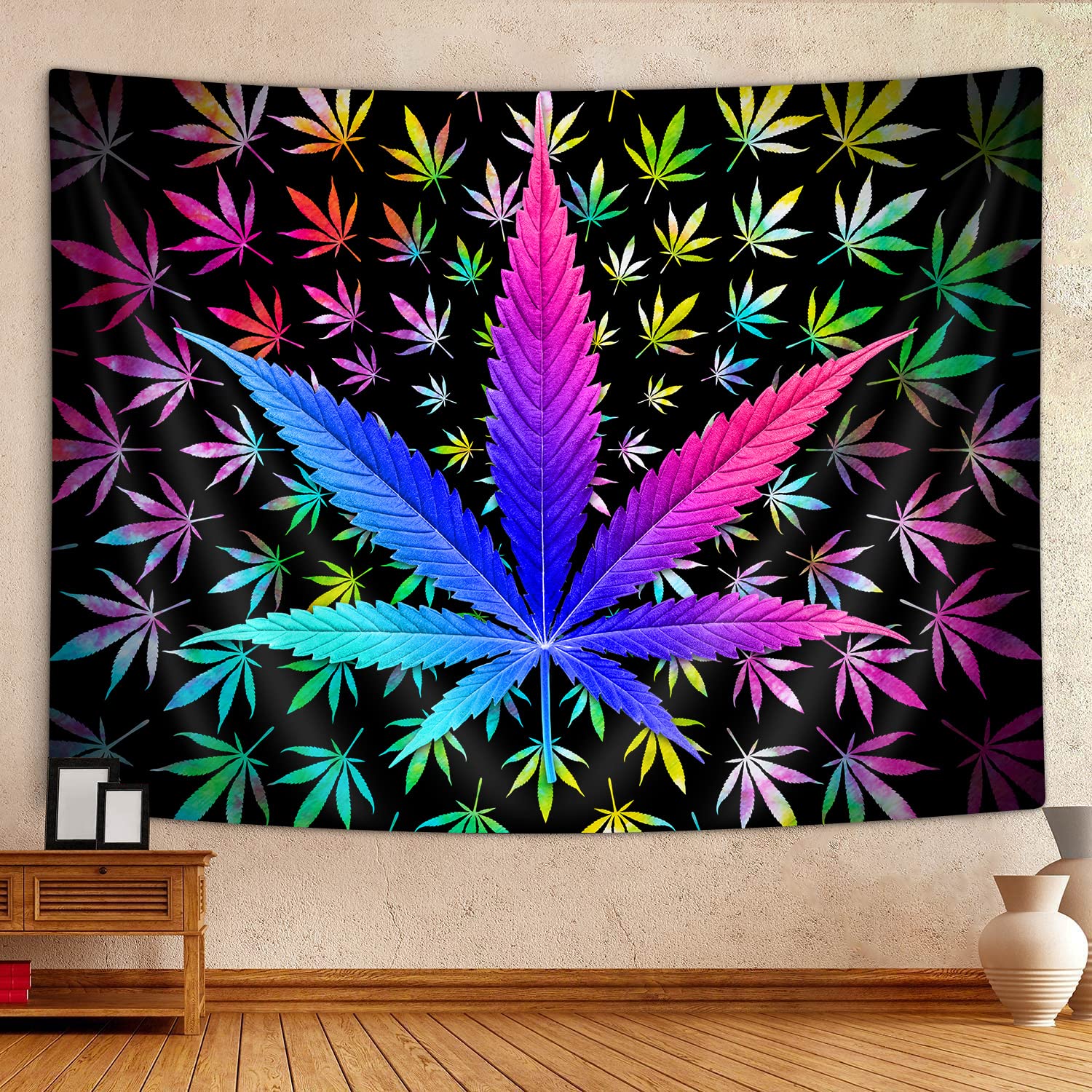 VEIGIKE Cool Trippy Weed Tapestry, Neon Tie Dye Marijuana Leaf Cannabis Art Tapestry Wall Hanging for Men Bedroom, Colourful Blacklight Tapestries Poster Blanket College Dorm Home Decor (90X70)