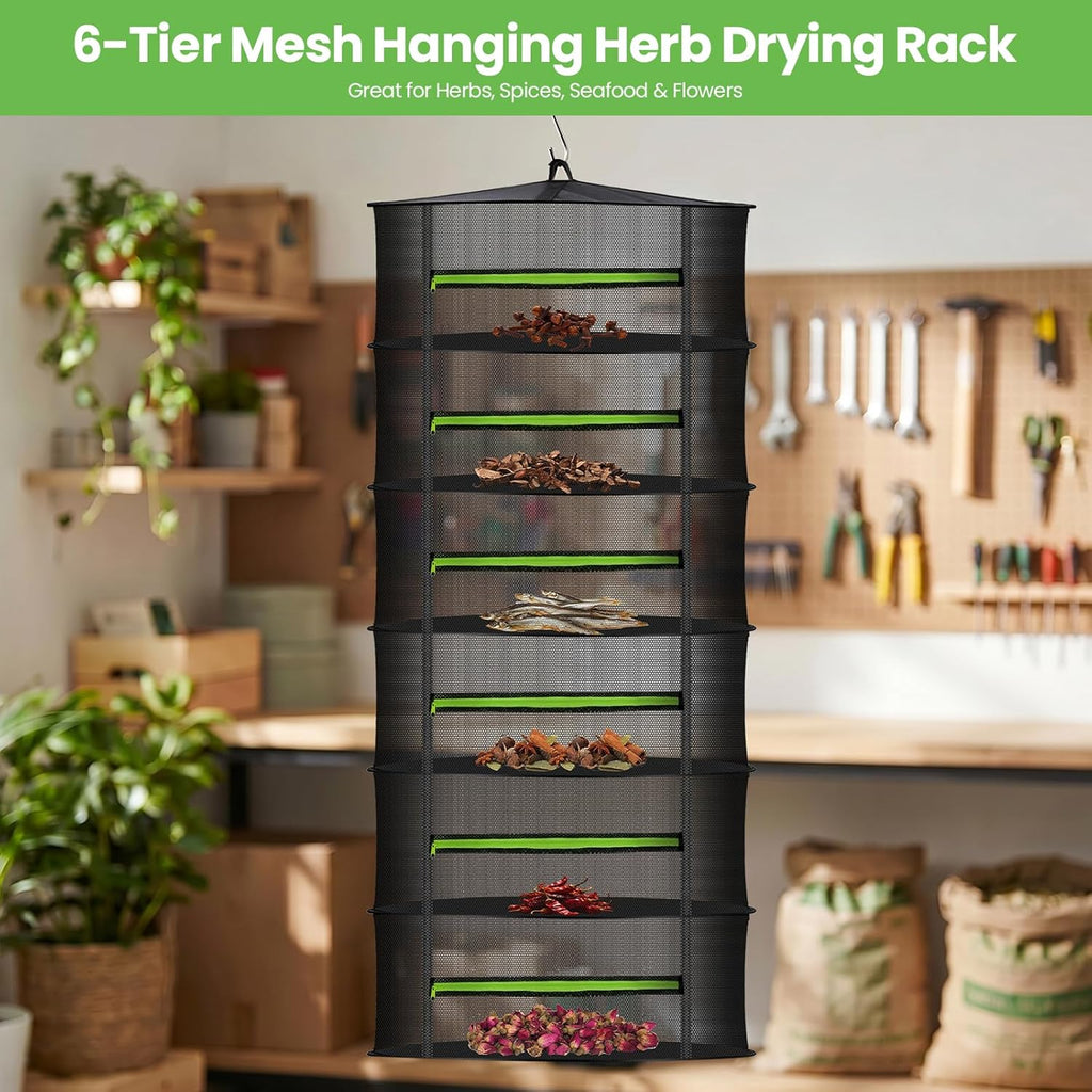 MEKOLIFE 6-Layer Herb Drying Rack with Collapsible Mesh Design | 23.62 Inch Hanging Drying Rack with Zipper and Garden Pruning Shears - Versatile Plant Drying Solution