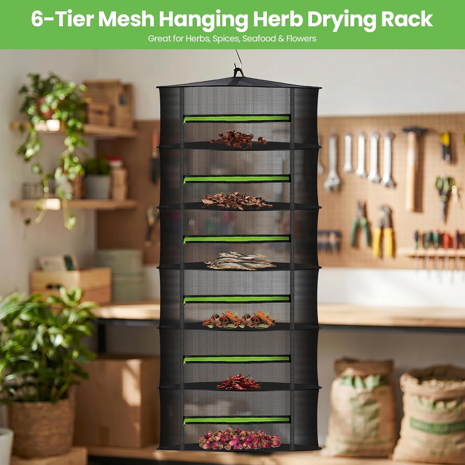 MEKOLIFE 6-Layer Herb Drying Rack with Collapsible Mesh Design | 23.62 Inch Hanging Drying Rack with Zipper and Garden Pruning Shears - Versatile Plant Drying Solution