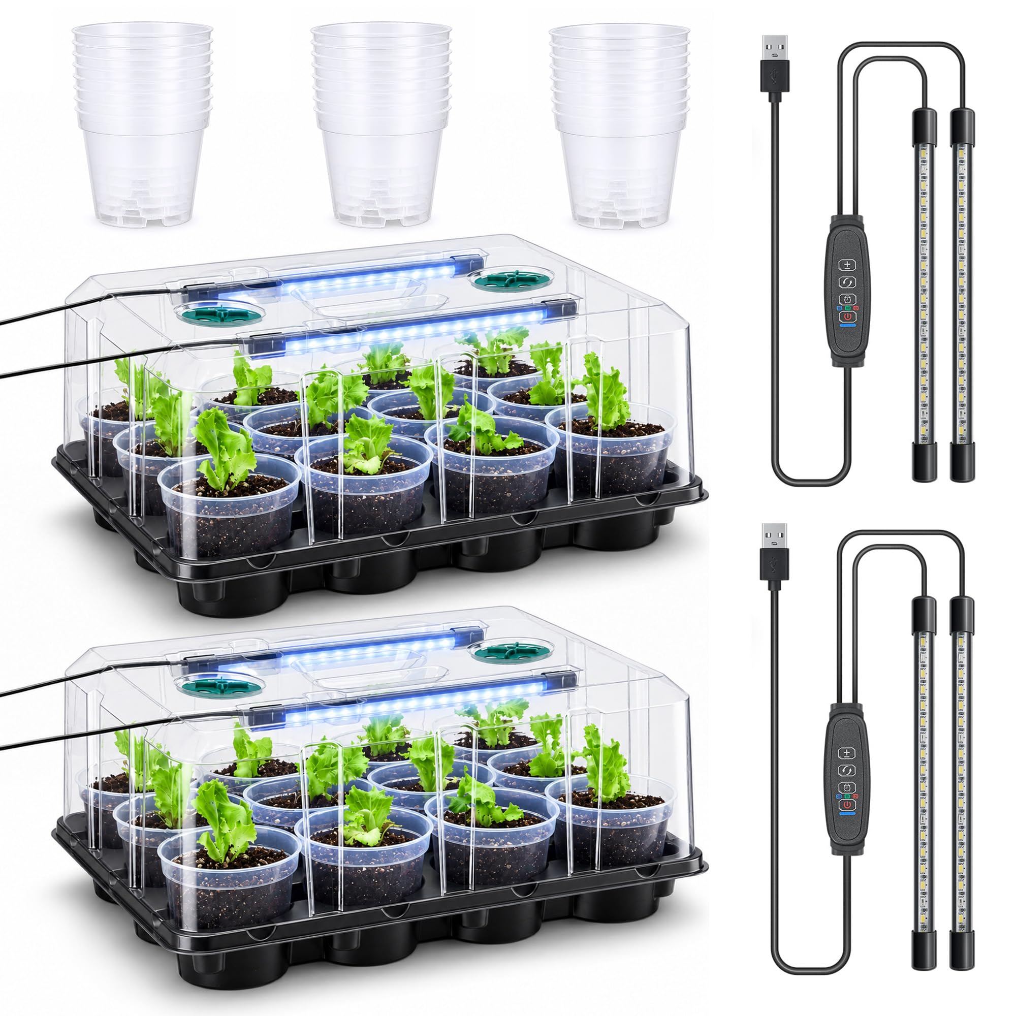 4 Pack 20 Cell Seed Starting Trays with 4 Vented Humidity Domes | Compatible with standard 3 inch nursery pots. Thick reusable trays have deep cells, raised bases and adjustable dome vents.