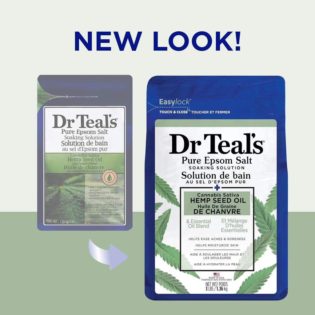 Dr Teal's Pure Epsom Magnesium Salt Soak, Cannabis Sativa Hemp Seed Oil, 3 lb