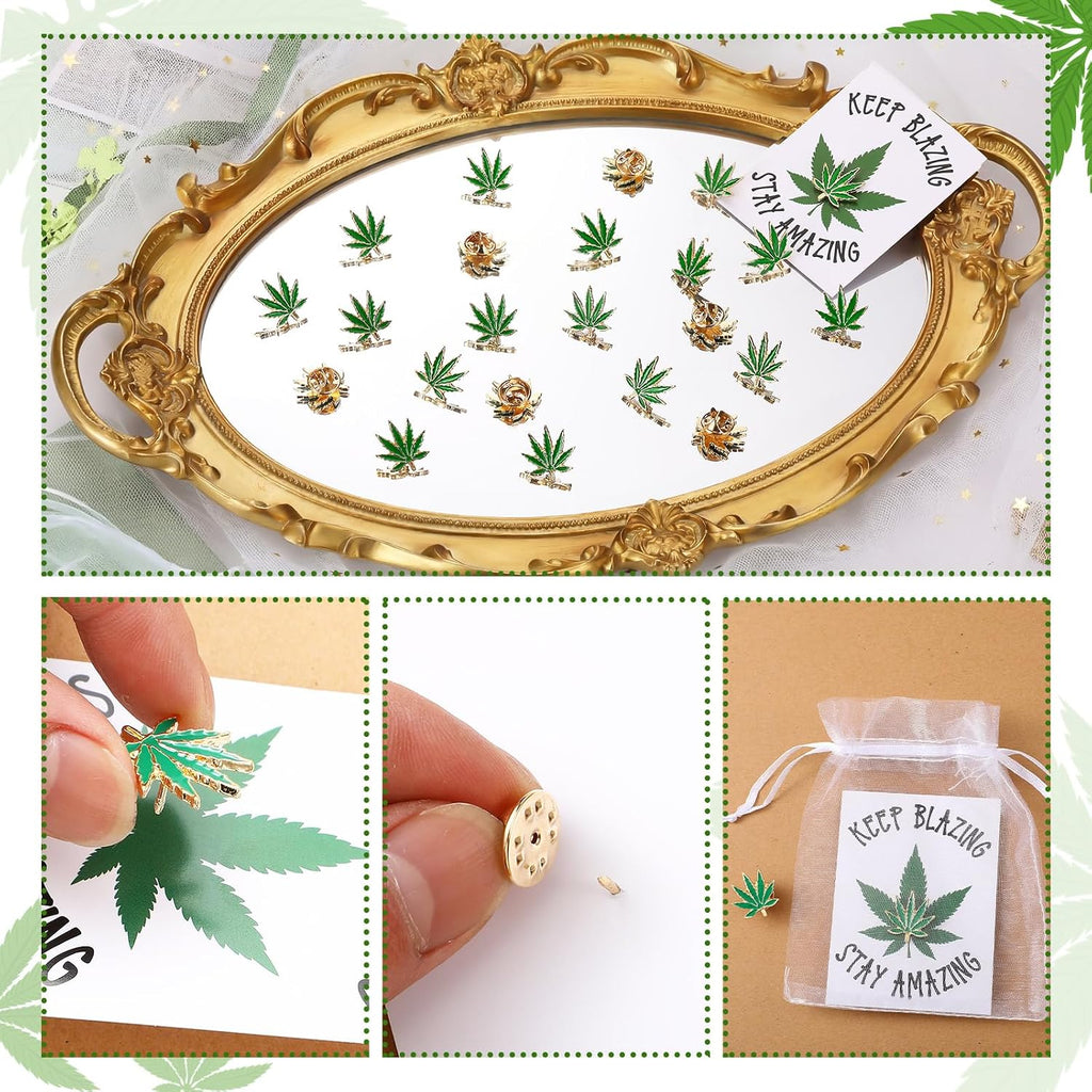 24 Sets Marijuana Accessory 420 Weed Accessories Marijuana Leaf Enamel Lapel Pin with Cards and Bags for Men Women Clothes Bags Hats Cannabis Gifts Weed Party Decorations Jamaica Favors for Adults