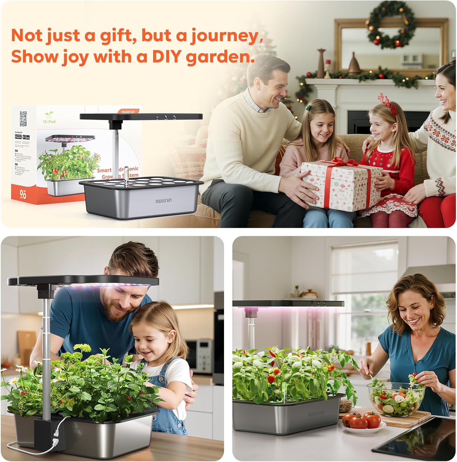 owltron Smart Hydroponics Growing System Kit,15 Pods Indoor Herb Garden with 36W LED Grow Light & APP Control, Planting Height Up to 30", Quiet Water Pump, Ideal Gift for All Ages Dark Silver