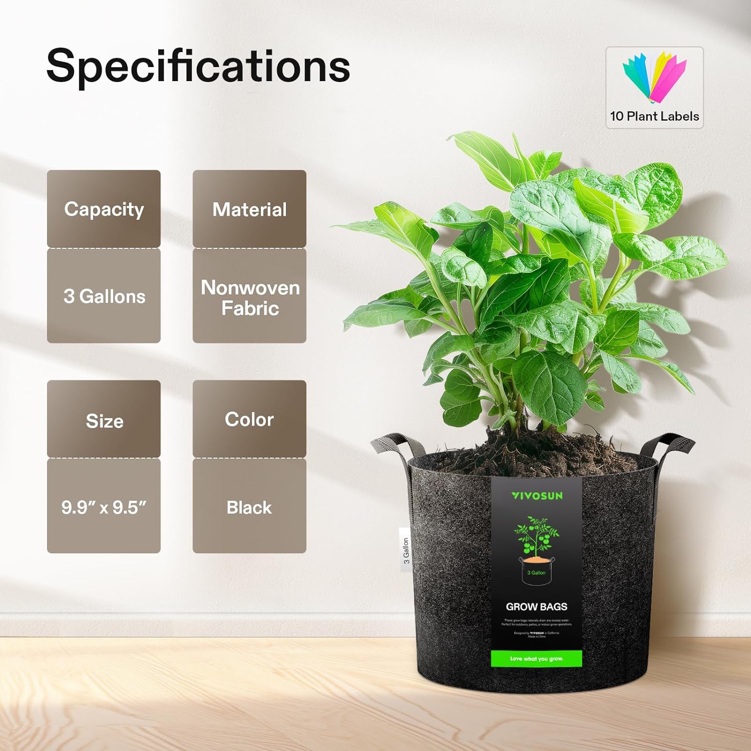 VIVOSUN 5-Pack 3 Gallon Plant Grow Bags Heavy Duty Thickened Nonwoven Fabric Pots with Handles | 300G Thickened Nonwoven Fabric, Excellent Drainage, Healthy Root Growth, BPA-Free, Reusable