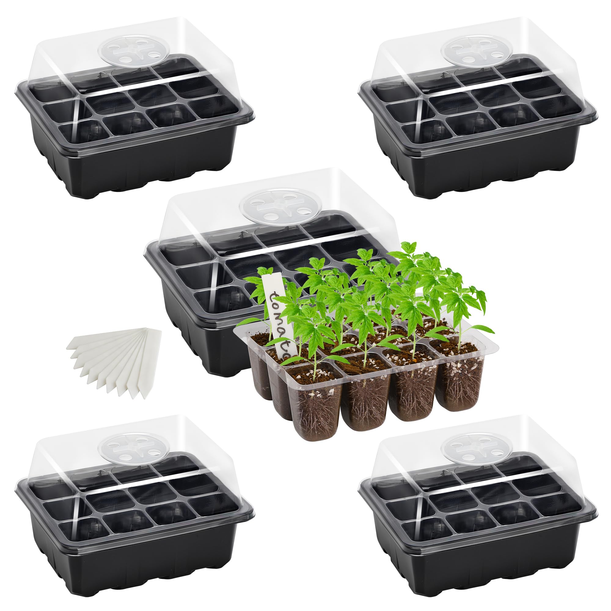 10-Pack Seed Starter Trays, Tall Dome, Base, 12-Cell Tray, Clear | 10 Seedling Kits with Tall Domes for Large Seed Starting. Adjustable Vents, Clear Trays & Heat Mat Compatibility, Indoor Use