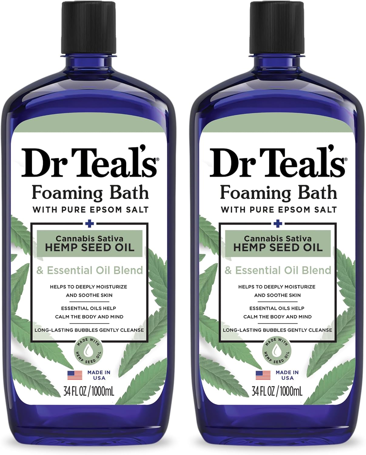 Dr Teal's Foaming Bath with Pure Epsom Salt, Cannabis Sativa Hemp Seed Oil, 34 fl oz (Pack of 2)
