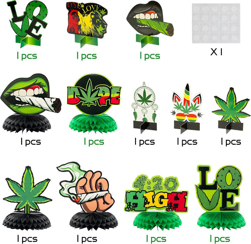 12Pcs Weed Themed Honeycomb Centerpieces Table Toppers Smoking Marijuana Green Pot Leaves Cannabis Stoner 420 Have a Dope Birthday Party Decorations Supplies Photo Booth Props for Adults