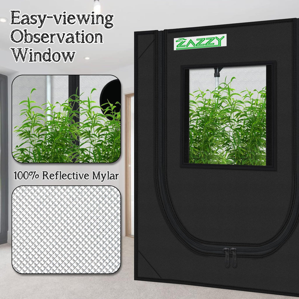 zazzy 3'X3' Grow Tent 32"x32"x63", High Reflective Mylar Growing Tent | Observation Window, Removable Floor Tray and Tool Bag for Planting Indoor Fruit Flower Veg