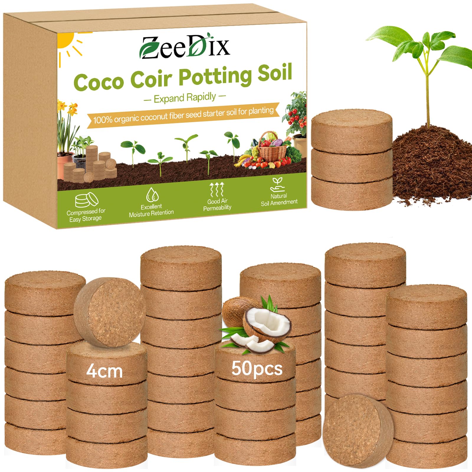 100 Pack 30mm Organic Coco Coir Pellets Seed Starter Soil | Low EC, pH Balance, Potting Soil Mix, Indoor Outdoor Plants, Herbs Houseplants Bonsai Vegetables Flowers