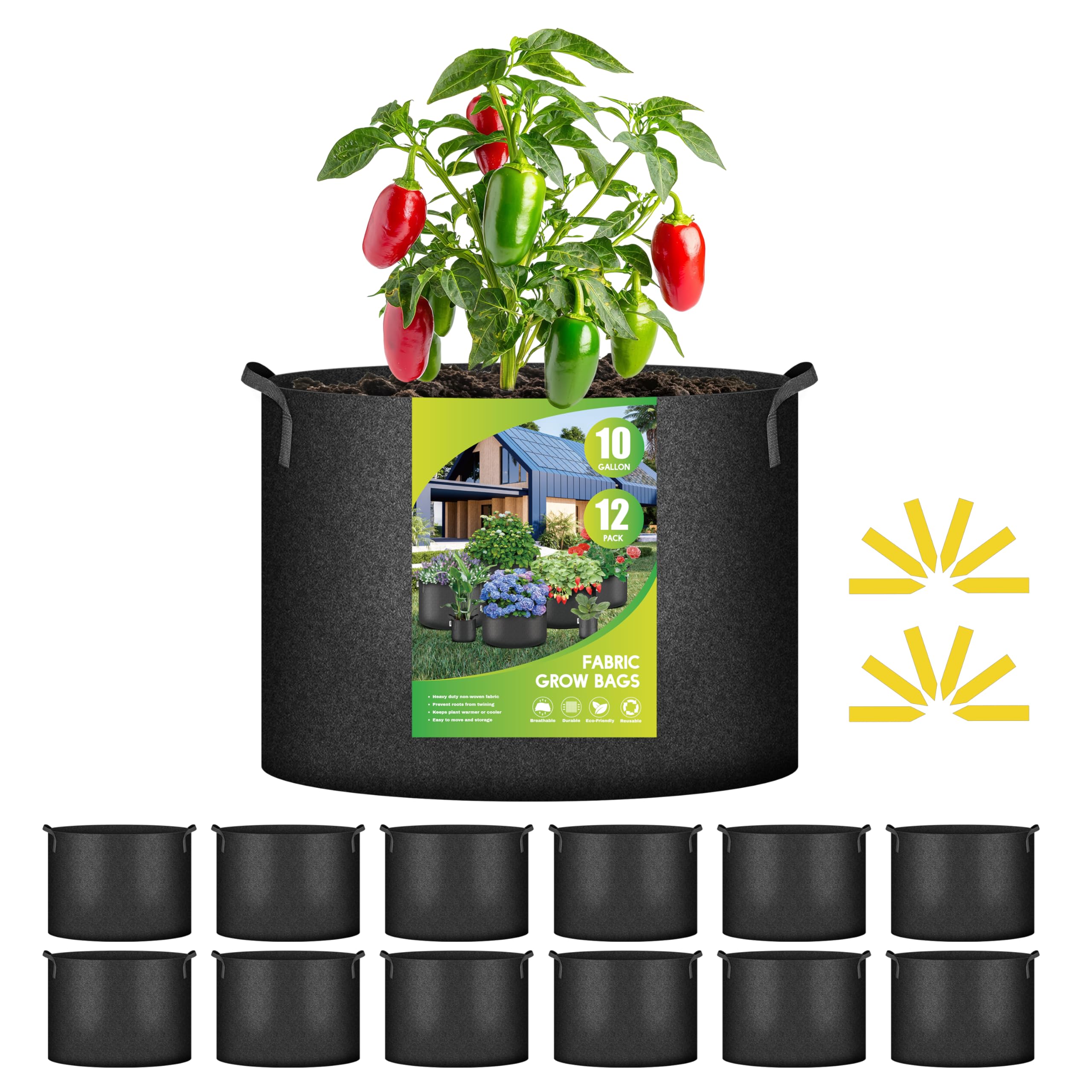 iPower 24-Pack 3 Gallon Grow Bags Heavy Duty Thickened Aeration Nonwoven Fabric Pots with Nylon Handles and 24 Labels for Planting Vegetables, Fruits, Flowers, Black