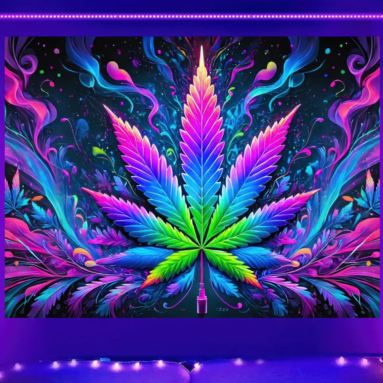 BlissYard Blacklight Tapestry Cannabis Leaf Bedroom Decor 78 x 59 Inch | Cannabis Leaf UV Wall Hanging Smoking Neon Backdrop for Bedroom Party Dorm Style