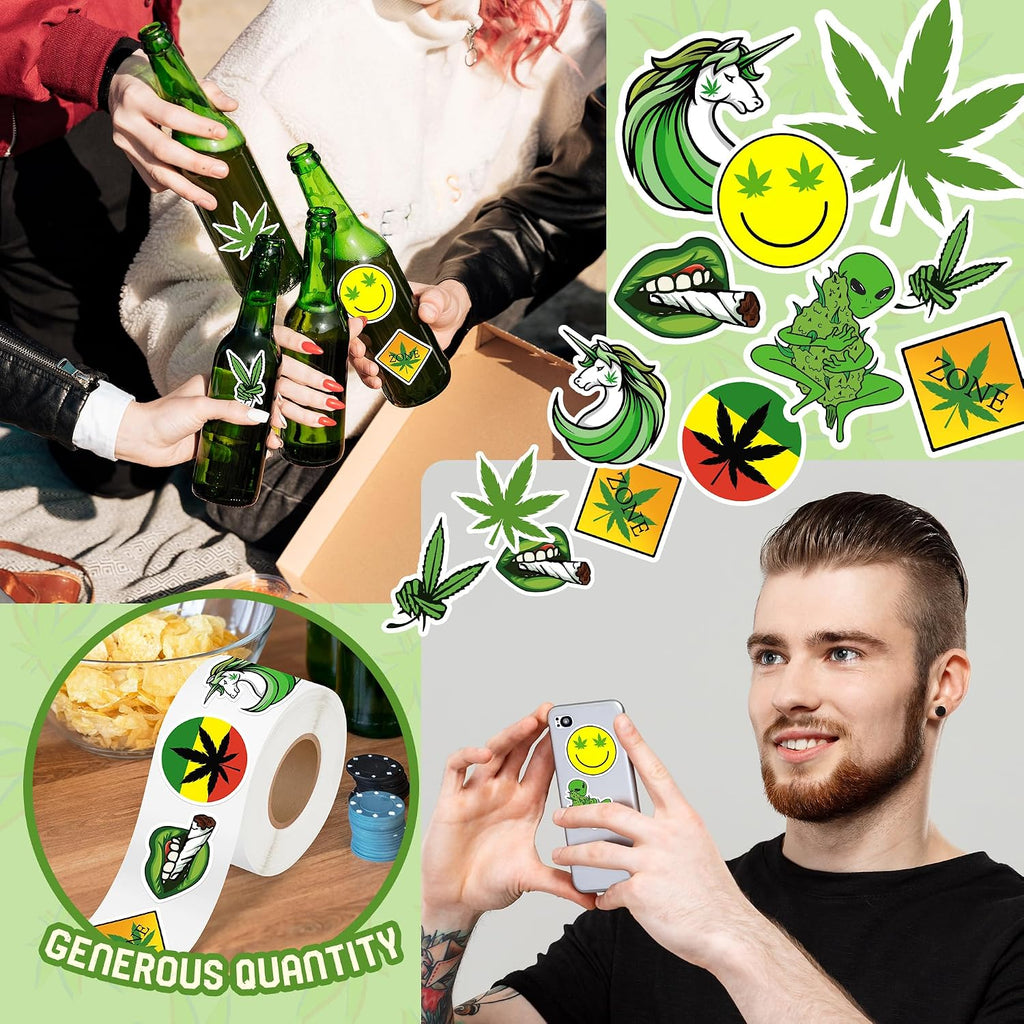 500Pcs Weed Marijuana Stickers Roll for Adult Cannabis Green Leaf Decals Decorations Trippy Smoking Have a Dope Birthday Party Favors Merch Gifts for 420 Stoners Laptop Water Bottles Journaling Decor