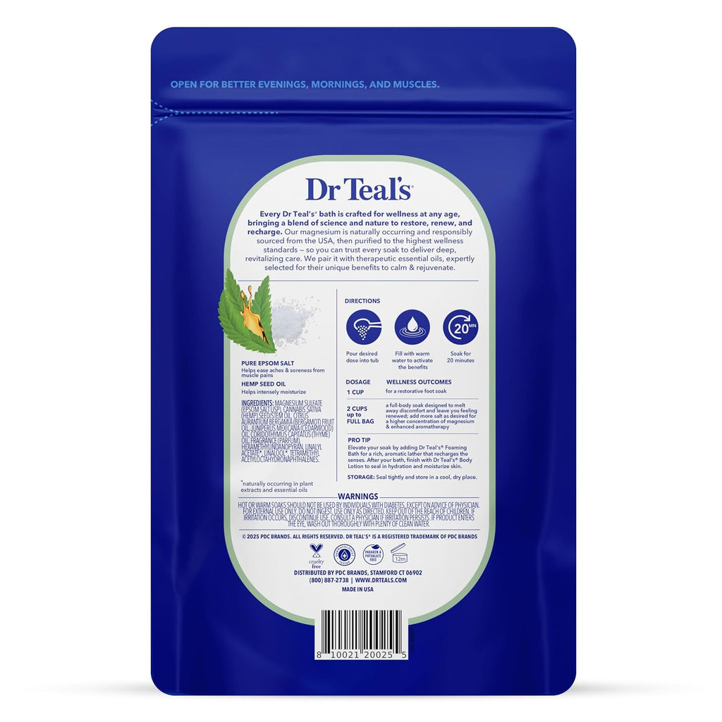 Dr Teal's Pure Epsom Salt, Cannabis Sativa Hemp Seed Oil, 3 lb (Pack of 4)