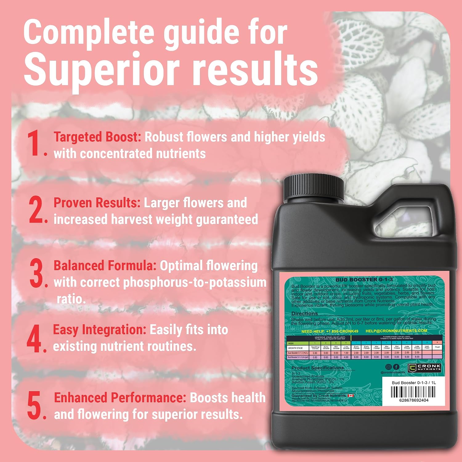Cronk Nutrients Bud Booster, Best Budding Fertilizer Maximum Blooms, 500 mL | Hydroponic Nutrients for The Bloom Phase - Balanced pH Formula - Suitable for Soil, Soilless, and Hydroponic Systems