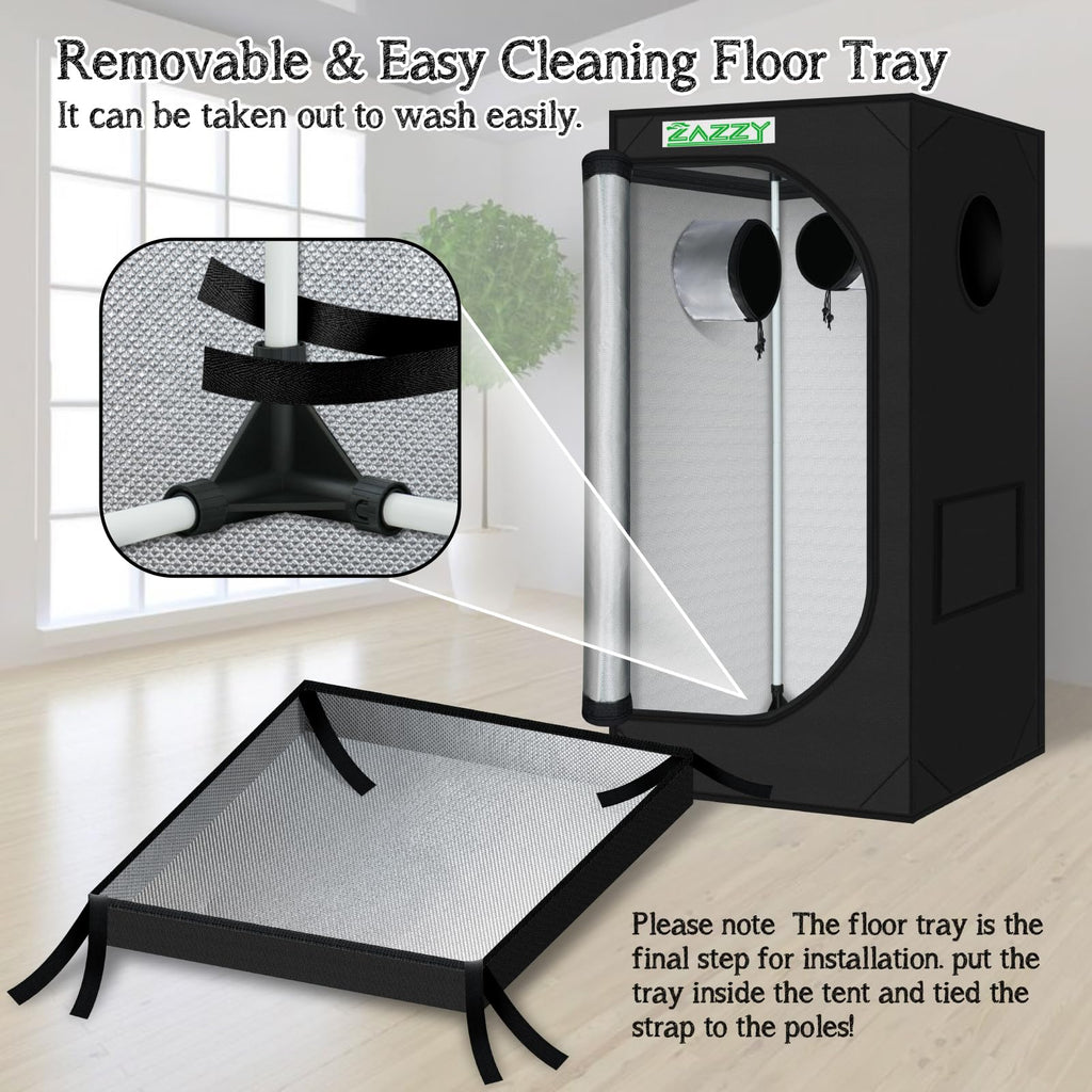 zazzy 3'X3' Grow Tent 32"x32"x63", High Reflective Mylar Growing Tent | Observation Window, Removable Floor Tray and Tool Bag for Planting Indoor Fruit Flower Veg