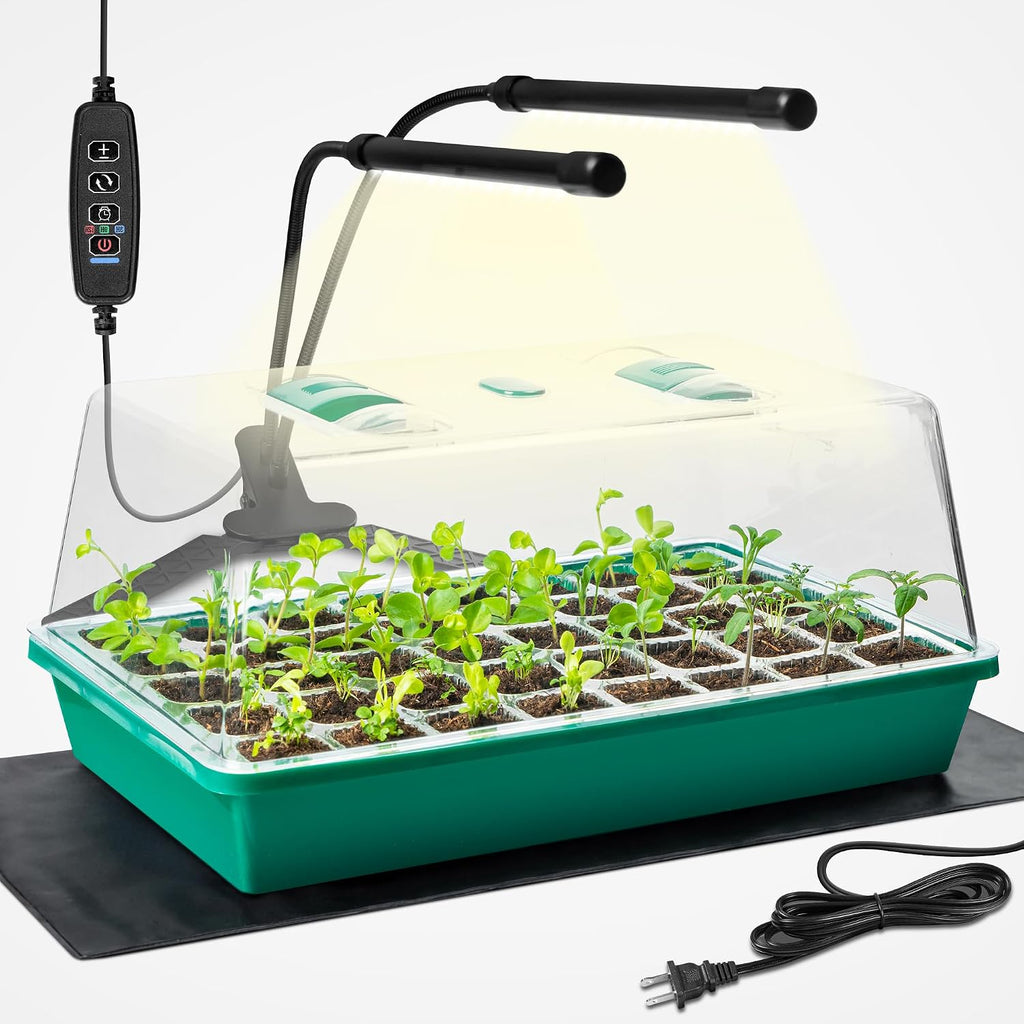 Seed Starter Tray with Grow Lights and Heating Mat - 40 Cell Plant Germination Tray with 4.7" Humidity Dome Seed Starter Kit for Indoor Seed Starting and Propagation