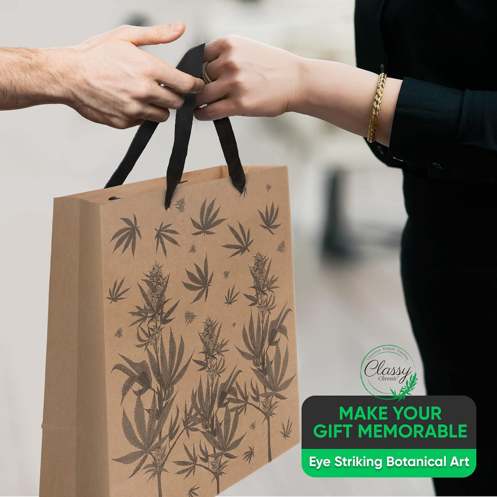 Cannabis Gift Bags – 3-Pack Weed Gift Bags with Tissue Paper – Marijuana Themed 420 Party Bags, Kraft Paper with Cotton Handles, Botanical Leaf Design – Stoner Birthday Gift or Cannabis Gift Wrap