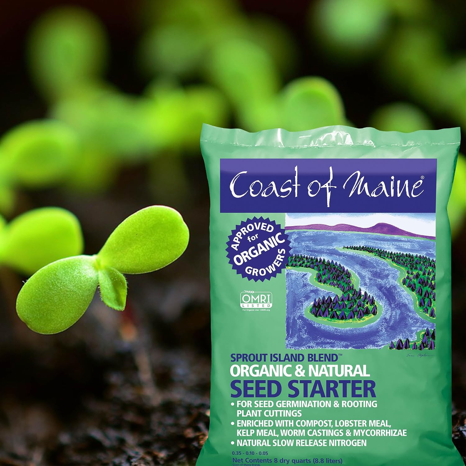 Coast of Maine Organic & Natural Sprout Island Blend Seed Starter - Seed Germination & Root Plant Cuttings w/ Composted Manure, Mycorrhizae, Worm Castings & Kelp - Enhanced Drainage (8 Qt)