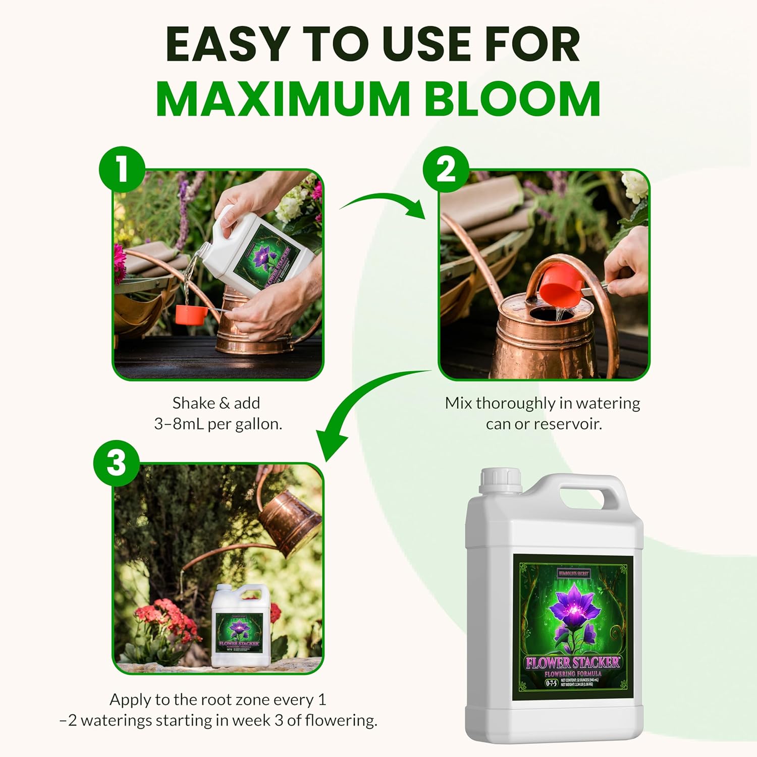 Humboldts Secret Flower Stacker | 0-7-5 Bloom Booster with Vitamin B1 | High Phosphorus Potassium Flowering Nutrients | Potting Soil Hydroponics Coco | Indoor & Outdoor Plants | 32 Ounce